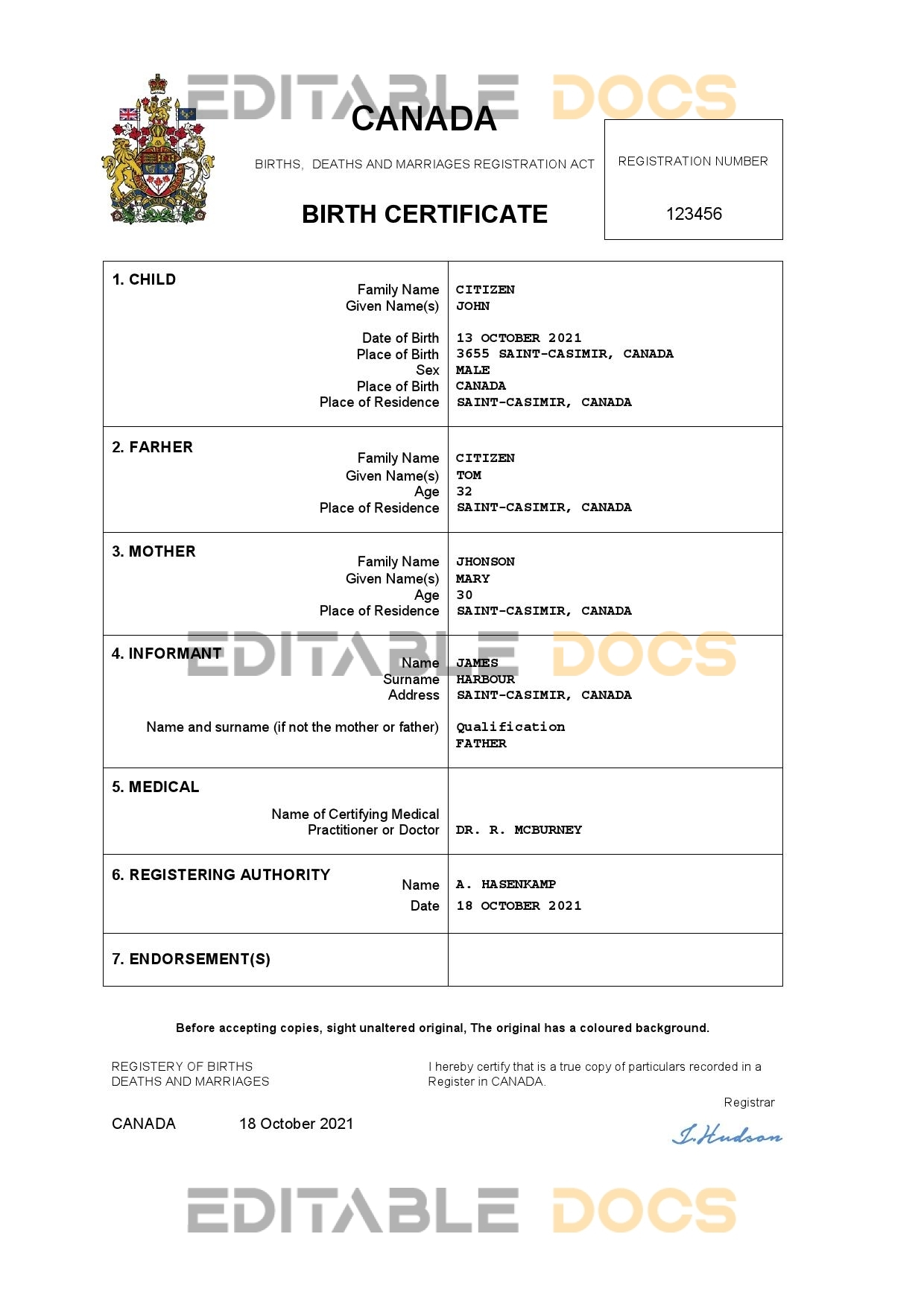 Authentic Canada Birth Certificate Template | Customize and Download Online
