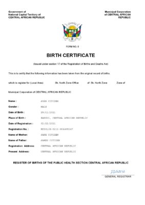 Central African Republic vital record birth certificate Word and PDF template, completely editable