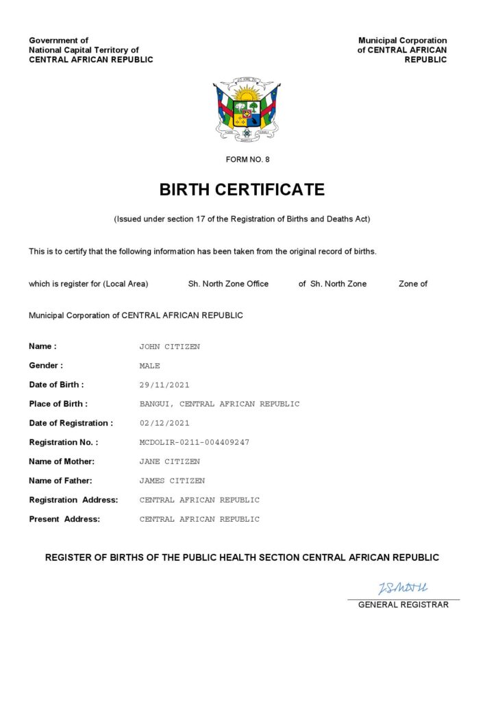 Central African Republic vital record birth certificate Word and PDF template, completely editable
