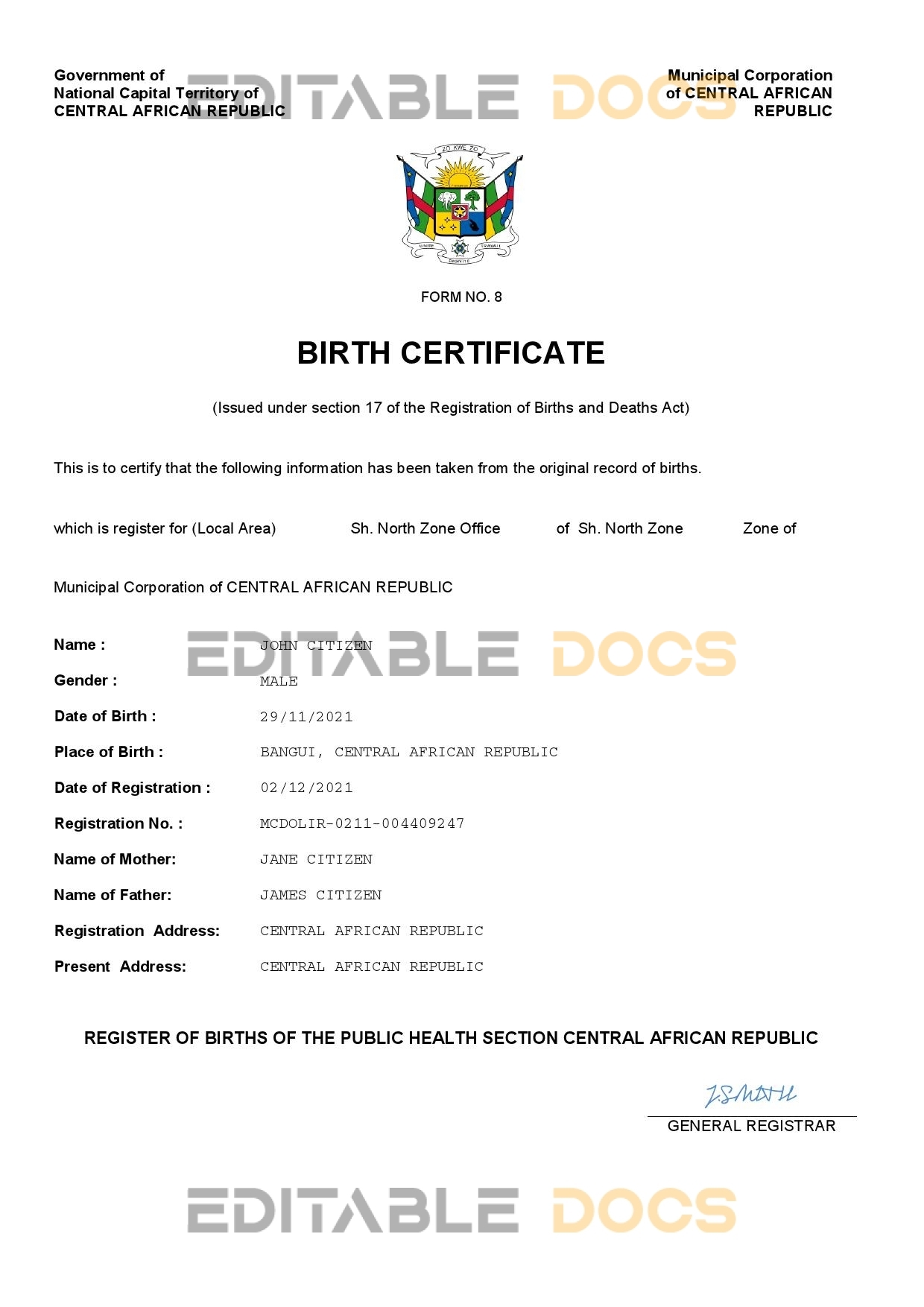 Authentic Central African Republic Birth Certificate Template | Customize and Download Online