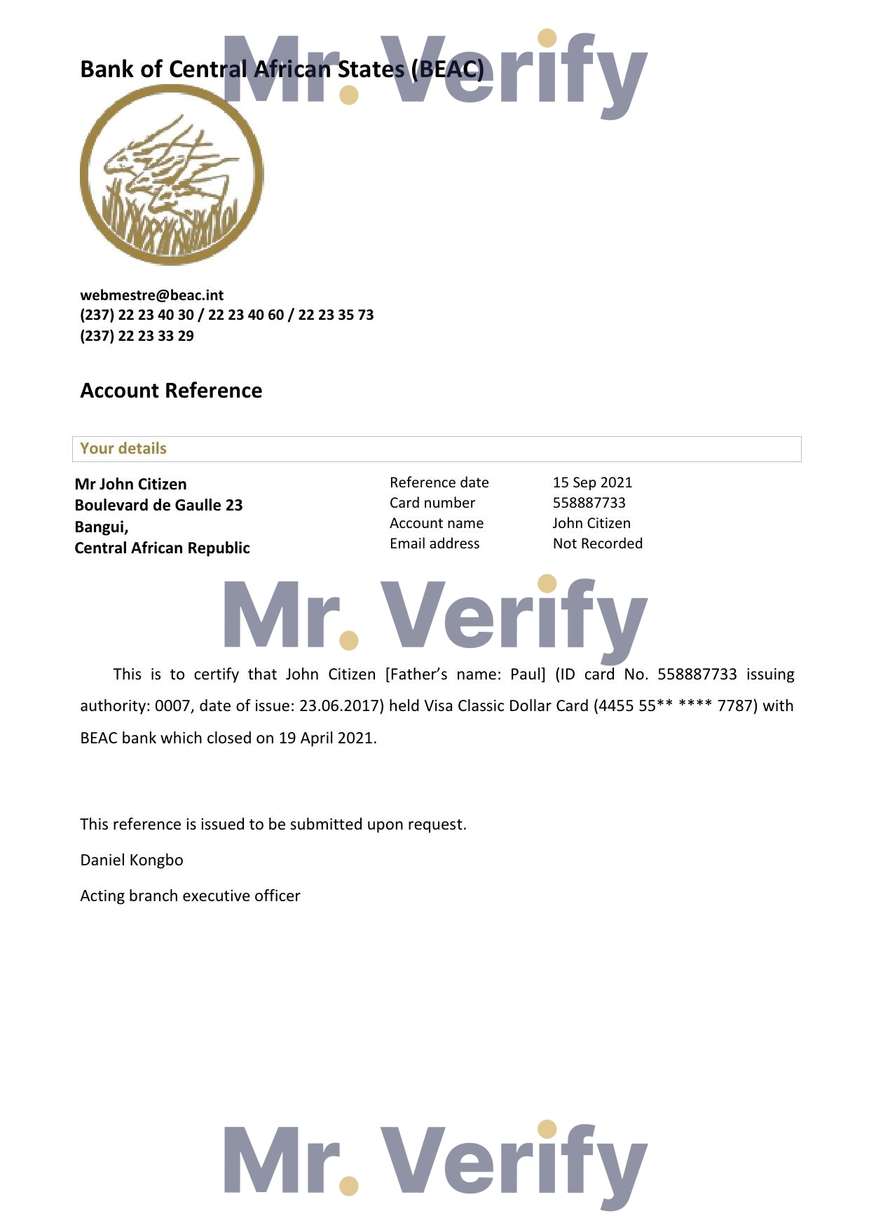 Download Central African Republic Bank of Central African States (BEAC) Bank Reference Letter Templates | Editable Word