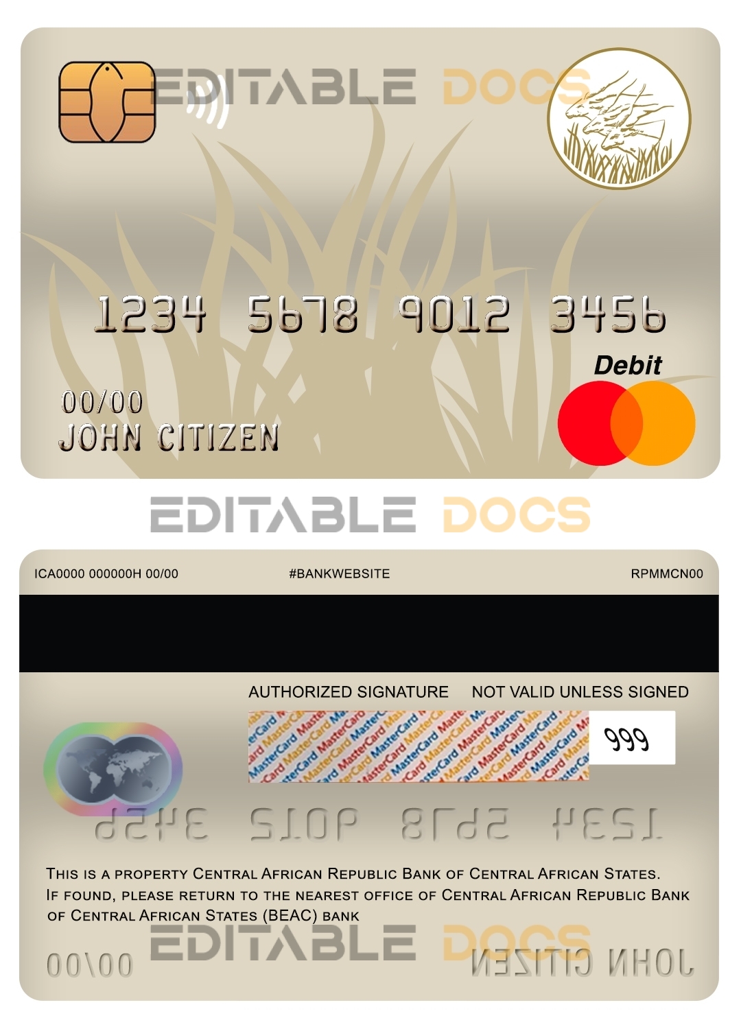 Fillable Central African Republic Bank of Central African States (BEAC) bank mastercard debit card Templates | Layer-Based PSD
