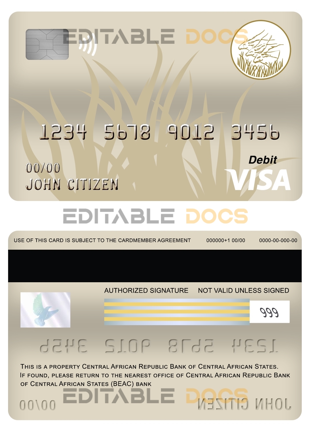 Editable Central African Republic Bank of Central African States (BEAC) bank visa card debit card Templates in PSD Format