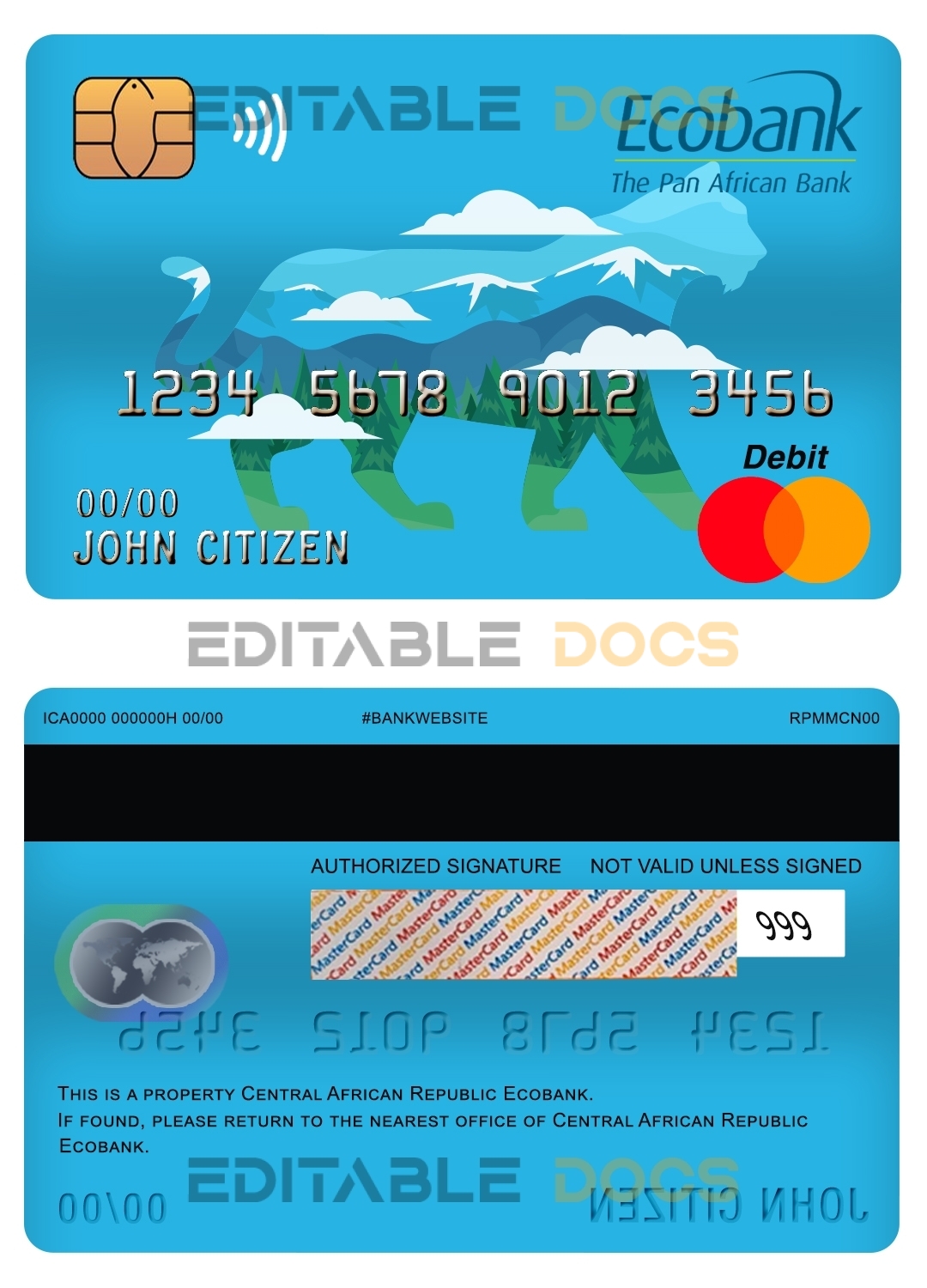Fillable Central African Republic Ecobank mastercard debit card Templates | Layer-Based PSD