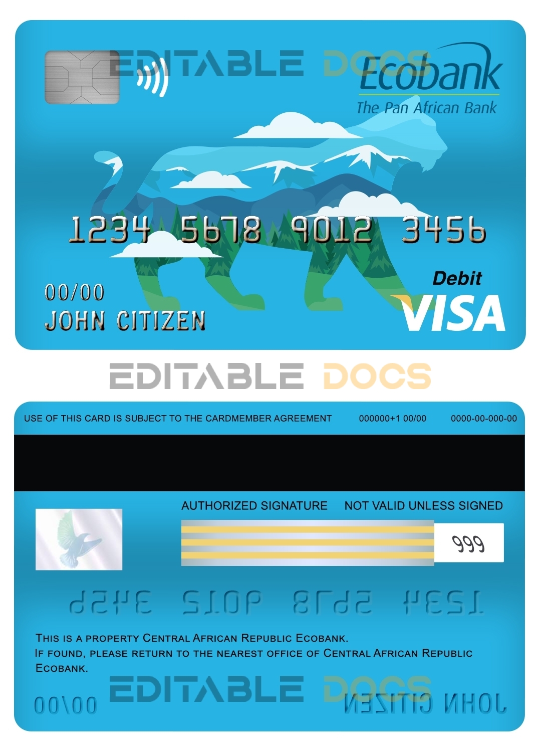 Editable Central African Republic Ecobank visa card debit card Templates in PSD Format