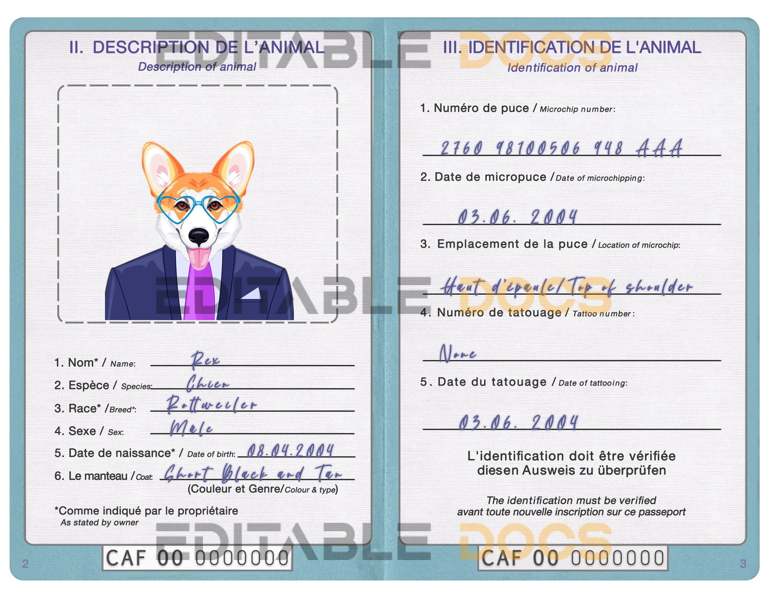 Central African Republic dog Fake PSD Passport | Instant Download