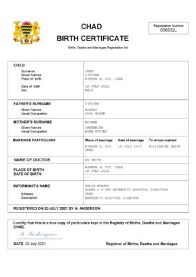 Chad birth certificate Word and PDF template, completely editable