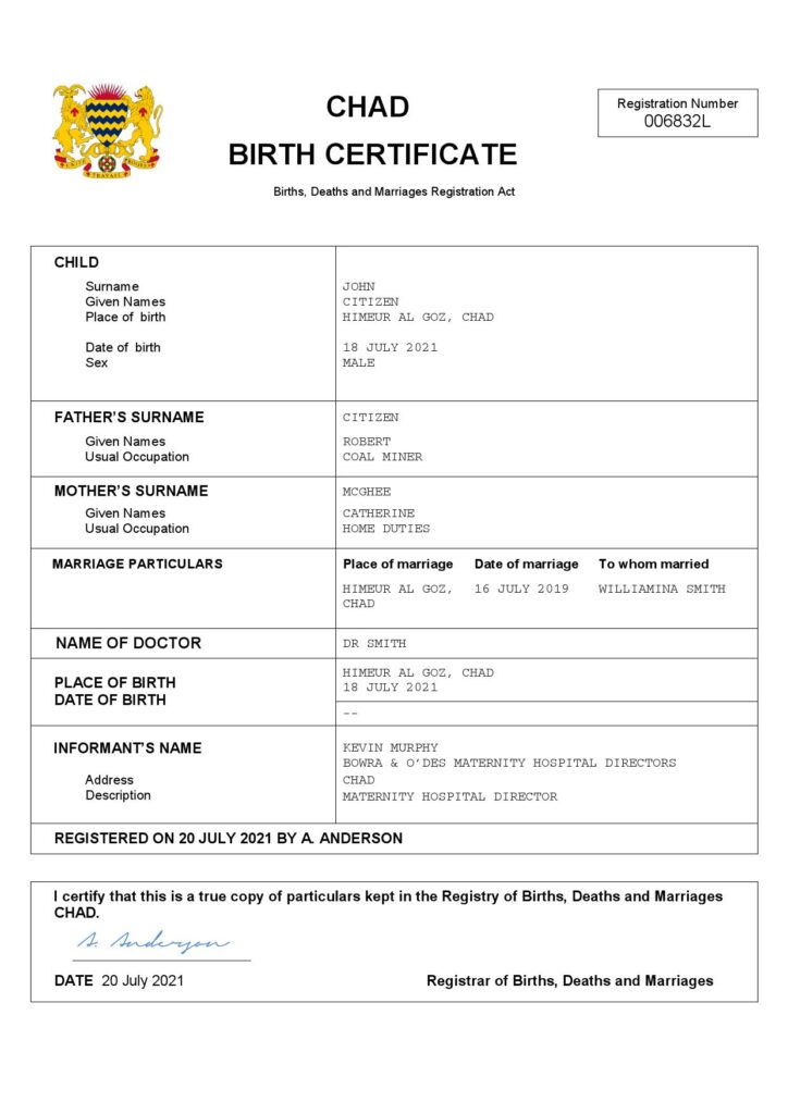 Chad birth certificate Word and PDF template, completely editable