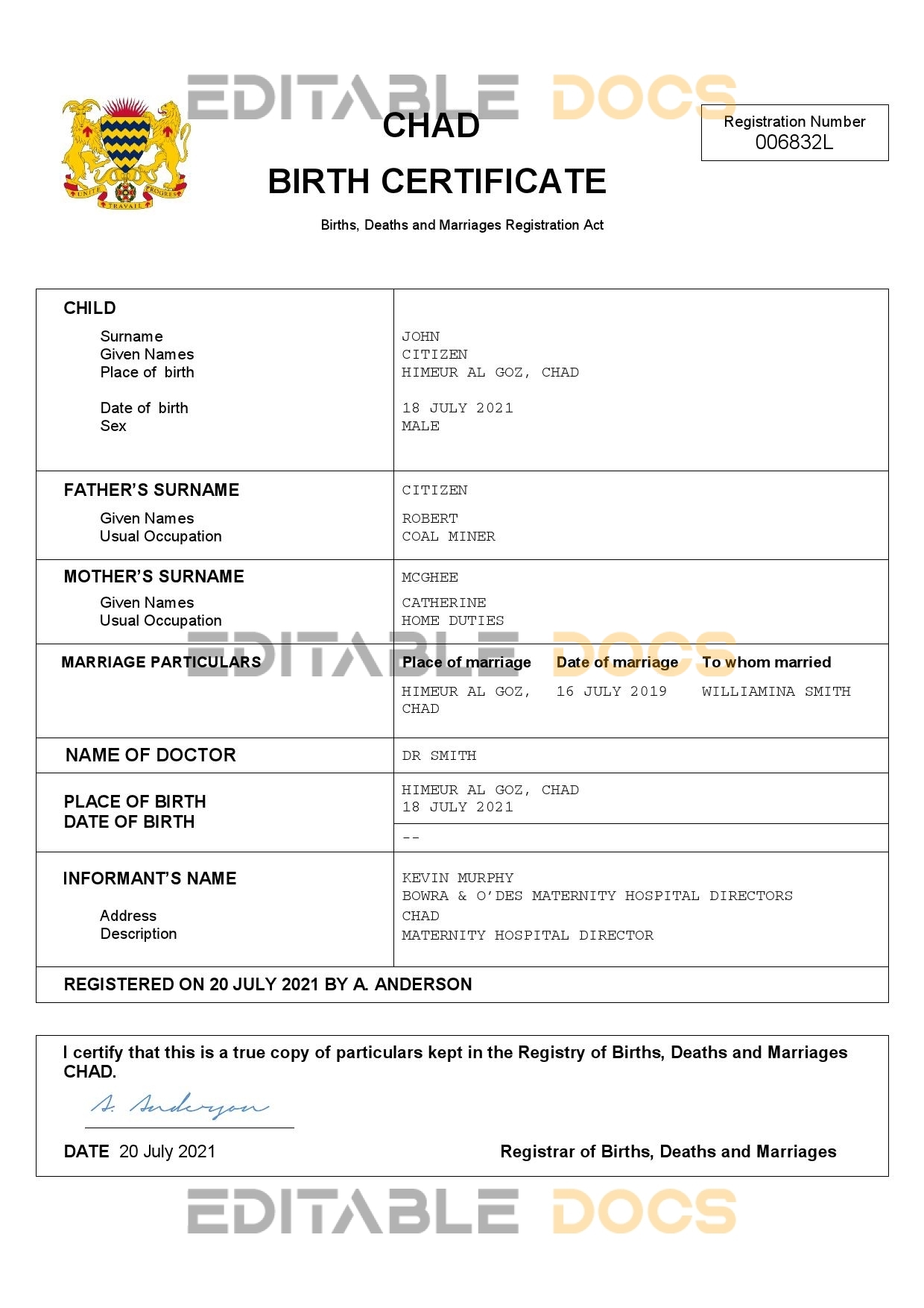Authentic Chad Birth Certificate Template | Customize and Download Online