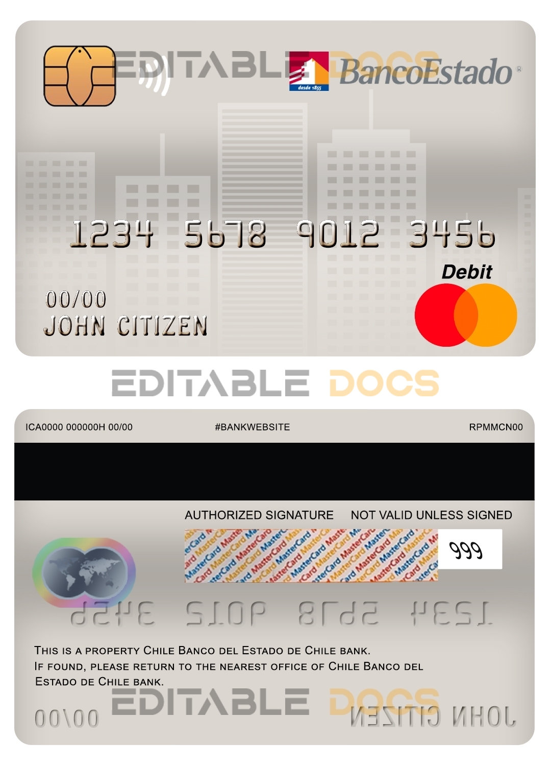 Fillable Chile Banco del Estado de Chile bank mastercard debit card Templates | Layer-Based PSD