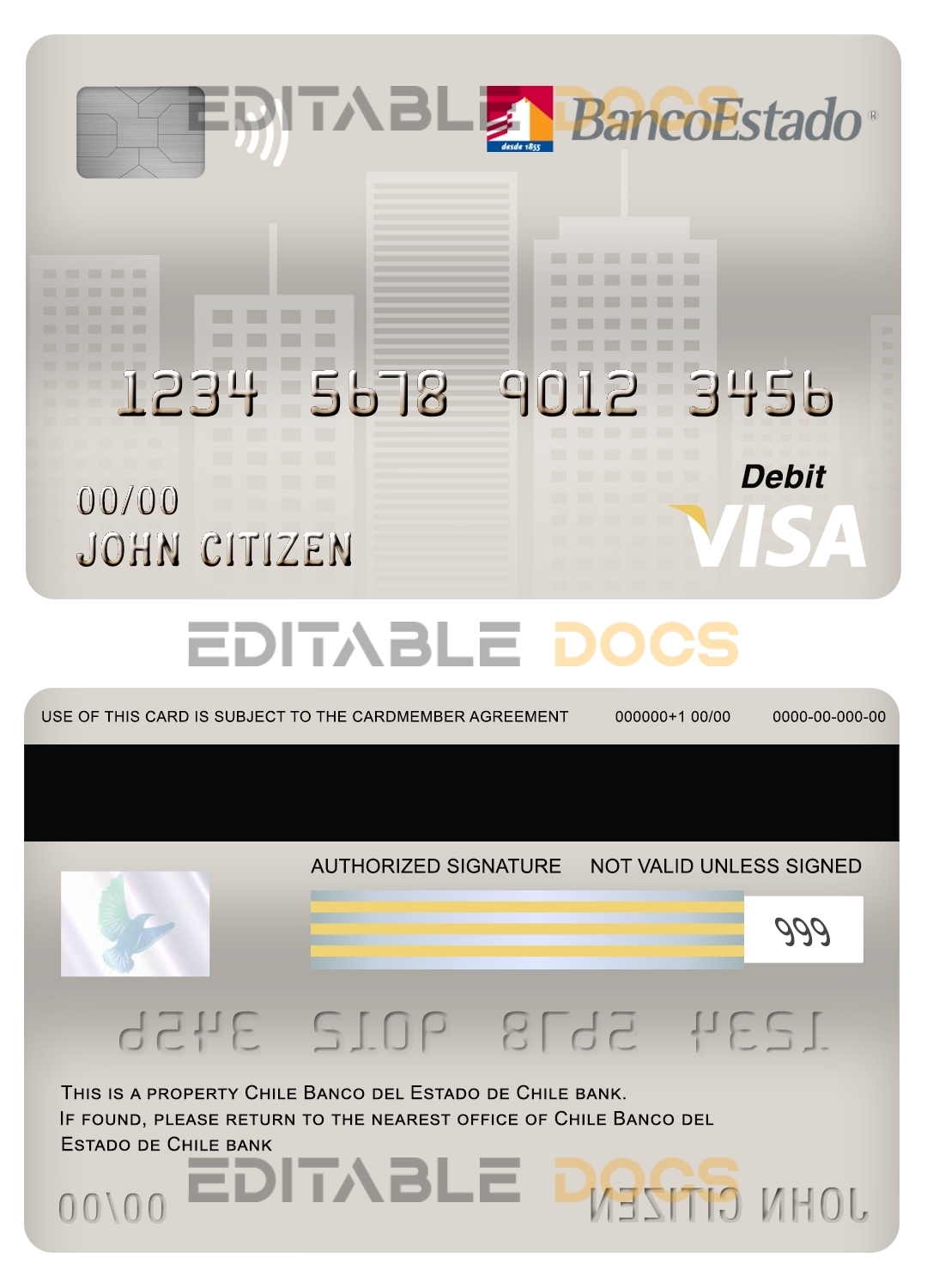 Editable Chile Banco del Estado de Chile bank visa card debit card Templates in PSD Format