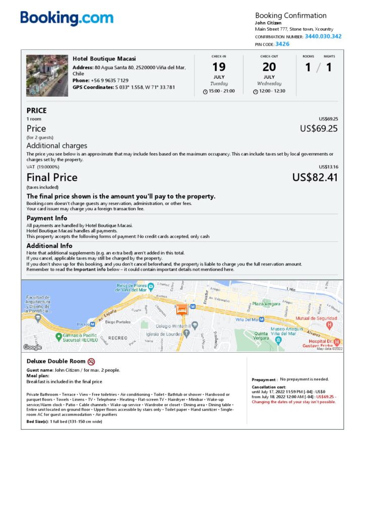 Editable Chile Hotel Booking Form Template | Fillable PDF