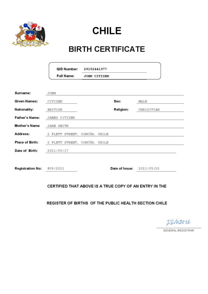 Chile vital record birth certificate Word and PDF template, completely editable