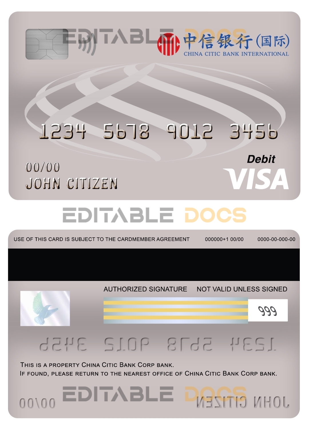 Editable China Citic Bank Corp bank visa card debit card Templates in PSD Format