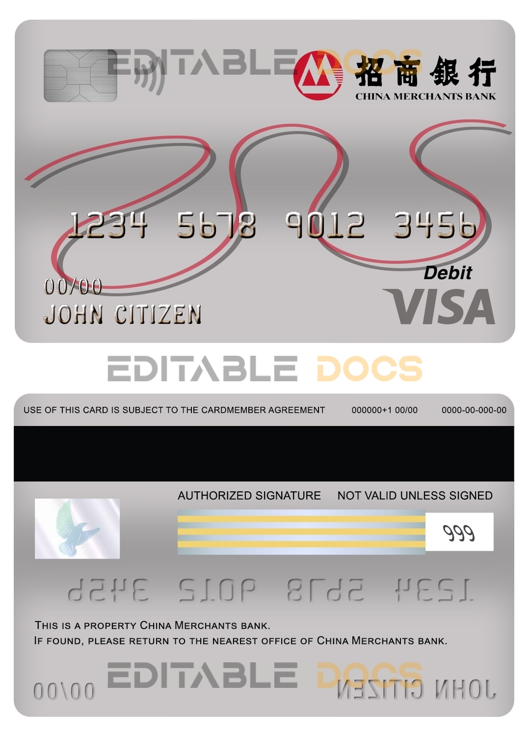 Editable China Merchants bank visa card debit card Templates in PSD Format