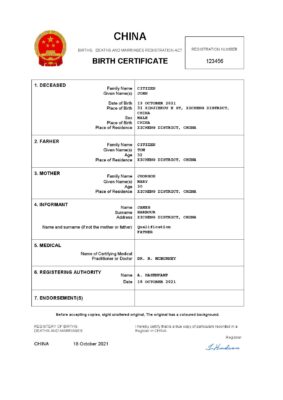 China birth certificate Word and PDF template, completely editable