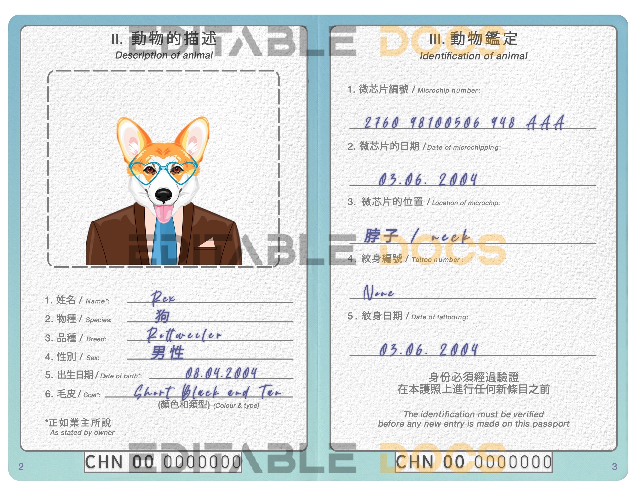 China dog Fake PSD Passport | Instant Download
