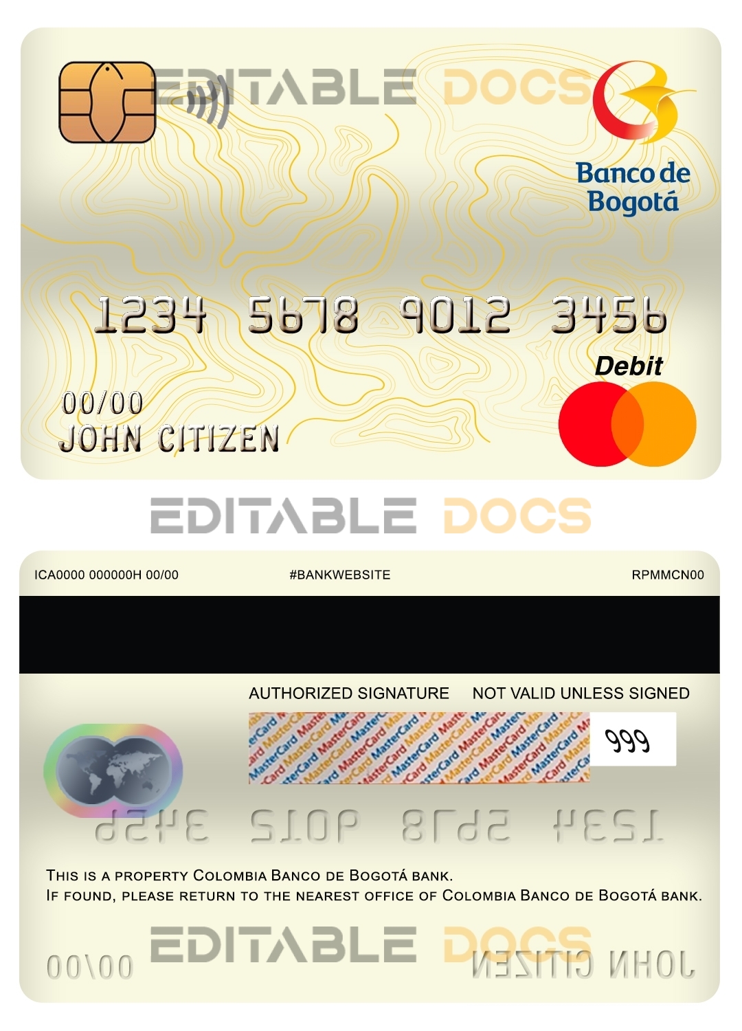 Fillable Colombia Banco de Bogotá bank mastercard debit card Templates | Layer-Based PSD