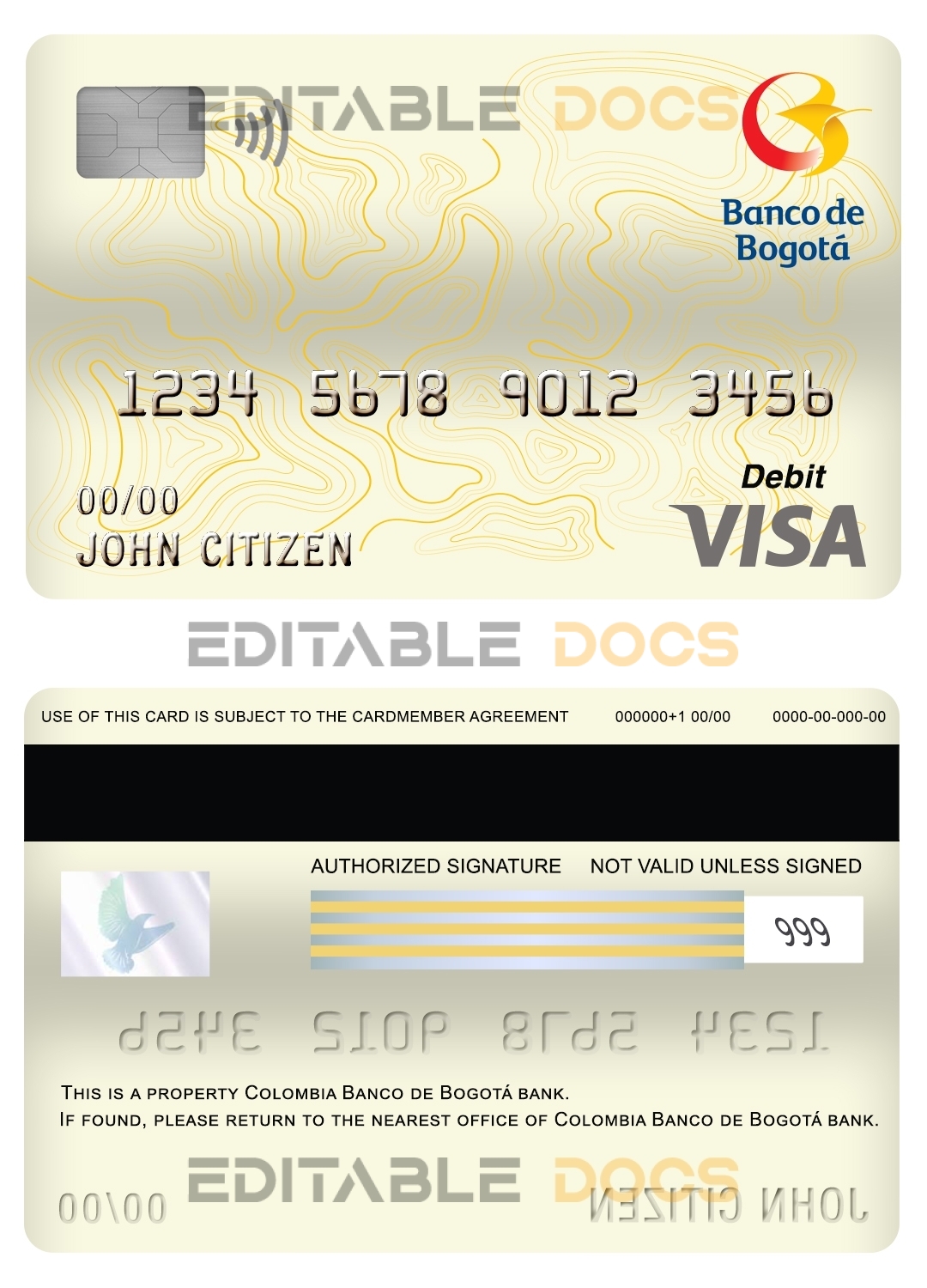 Editable Colombia Banco de Bogotá bank visa card debit card Templates in PSD Format