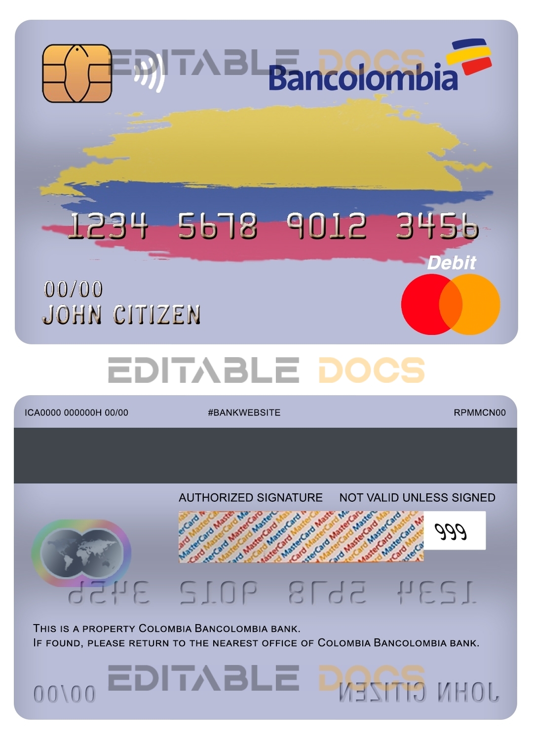Fillable Colombia Bancolombia bank mastercard debit card Templates | Layer-Based PSD