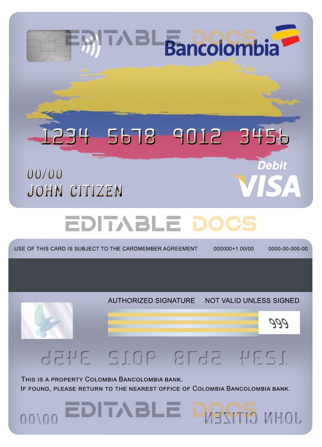 Editable Colombia Bancolombia bank visa card debit card Templates in PSD Format