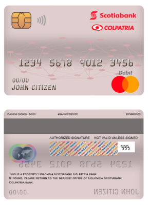 Editable Colombia Scotiabank Colpatria bank mastercard debit card Templates