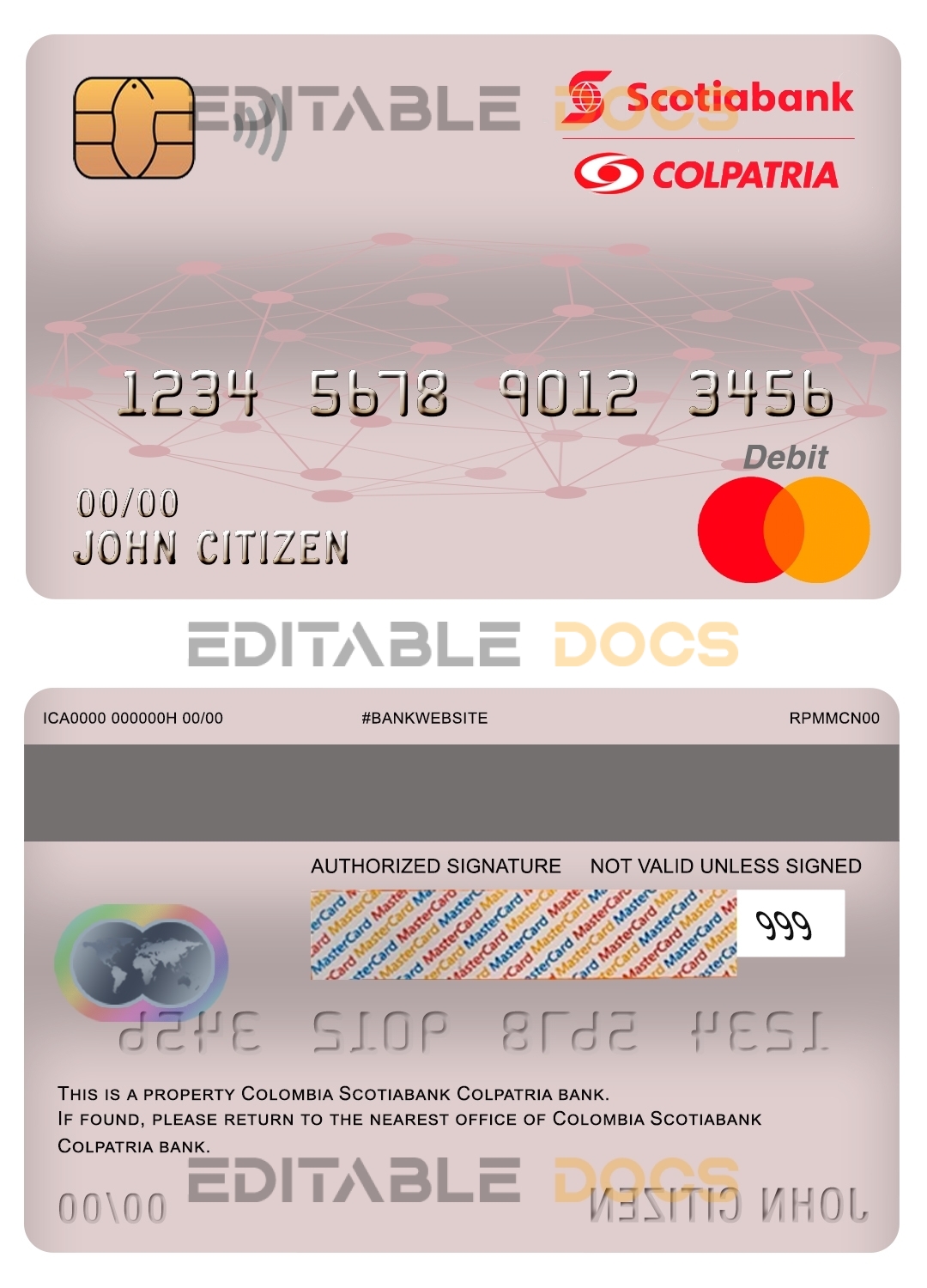 Editable Colombia Scotiabank Colpatria bank mastercard debit card Templates in PSD Format