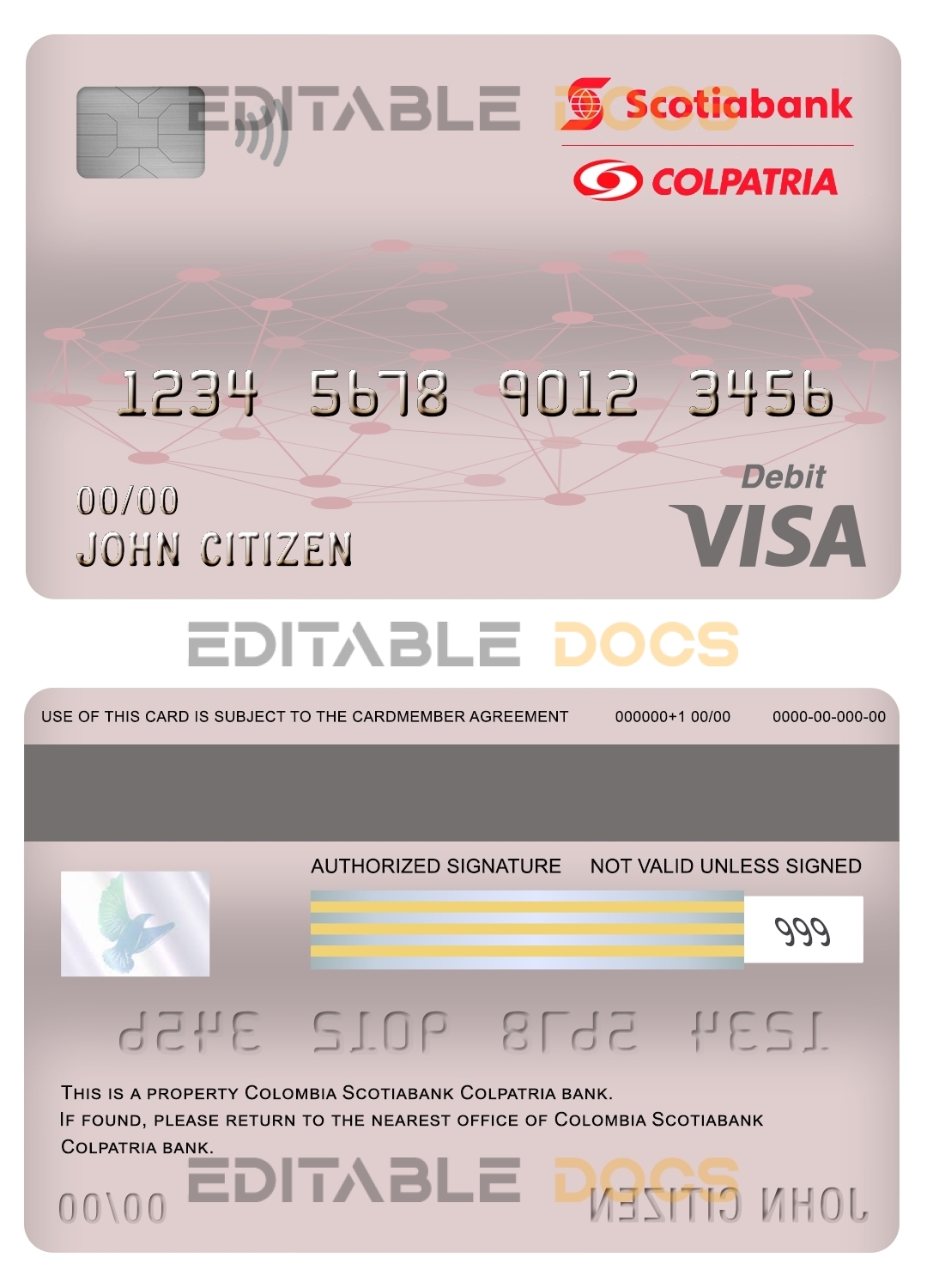 Fillable Colombia Scotiabank Colpatria bank visa card debit card Templates | Layer-Based PSD