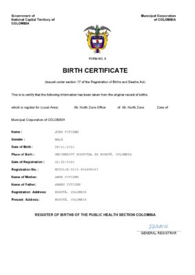 Colombia vital record birth certificate Word and PDF template, completely editable