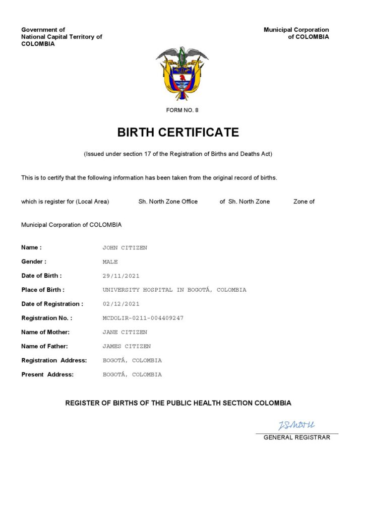 Colombia vital record birth certificate Word and PDF template, completely editable