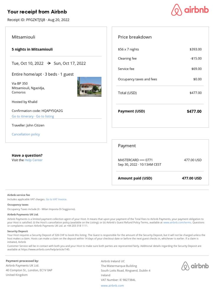 Customizable Comoros Airbnb Reservation Template | Word & PDF Formats