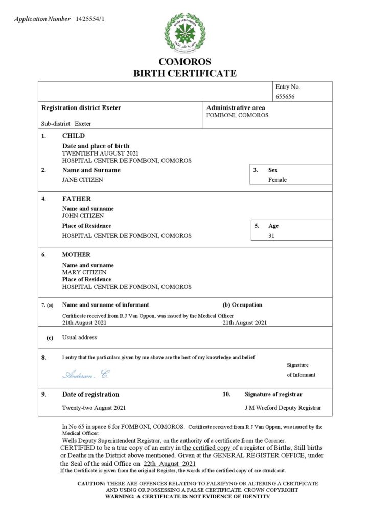 Comoros birth certificate Word and PDF template, completely editable