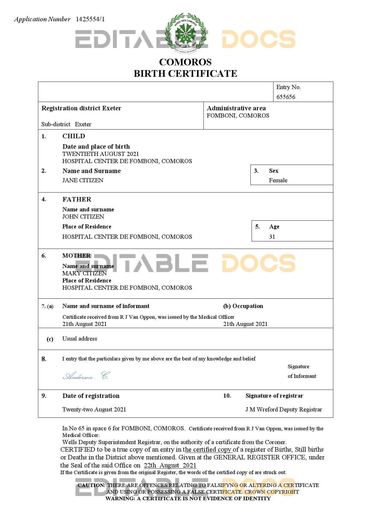 Authentic Comoros Birth Certificate Template | Customize and Download Online