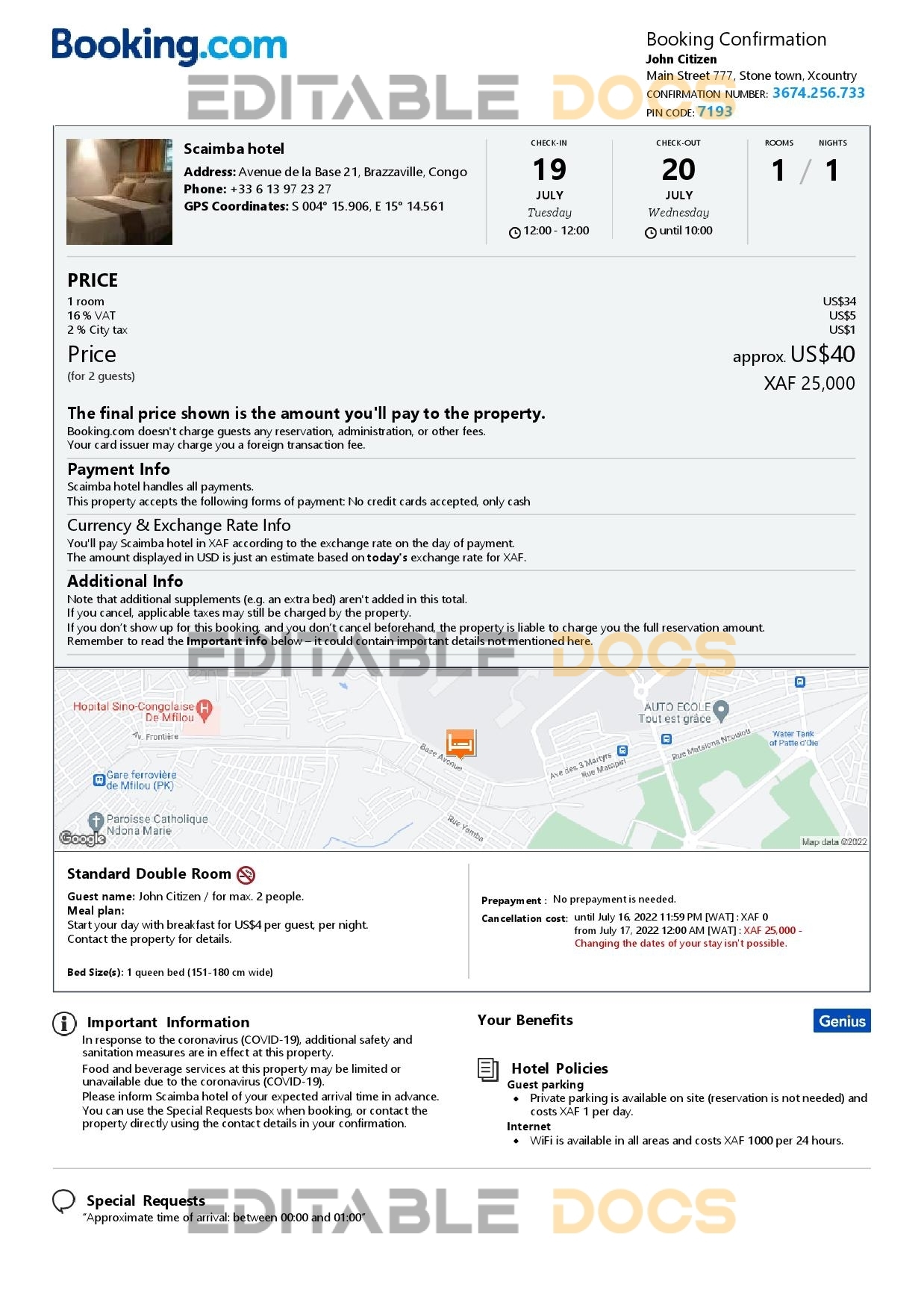 Editable Congo Hotel Booking Form Template | Fillable PDF