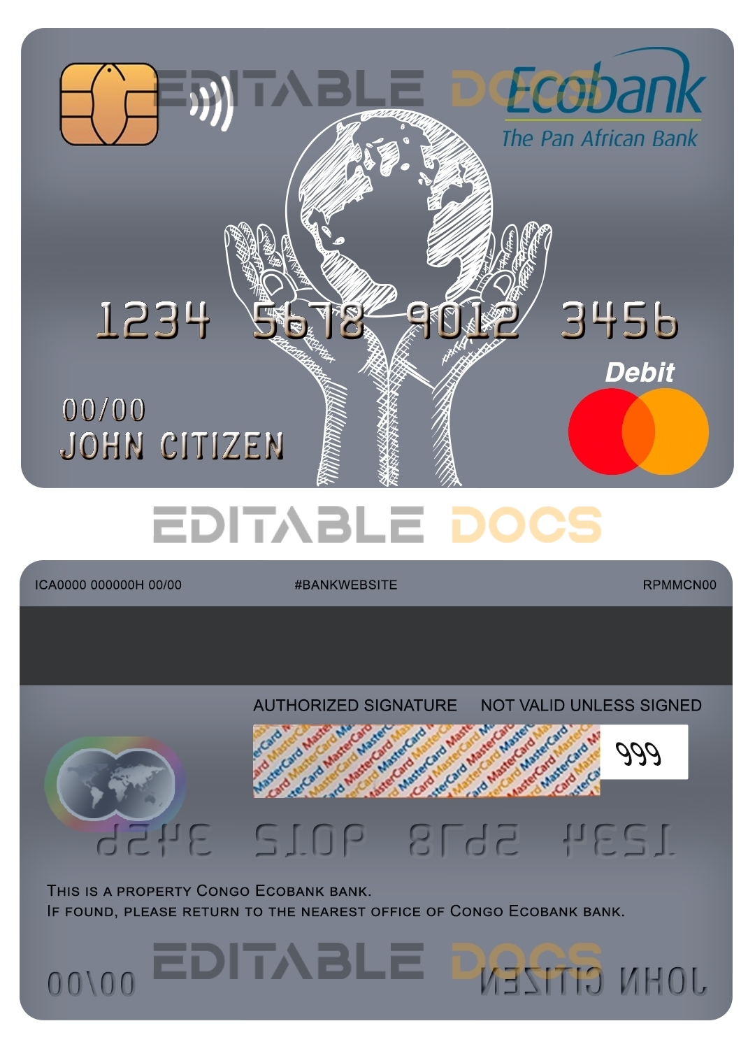 Editable Congo Ecobank bank mastercard debit card Templates in PSD Format