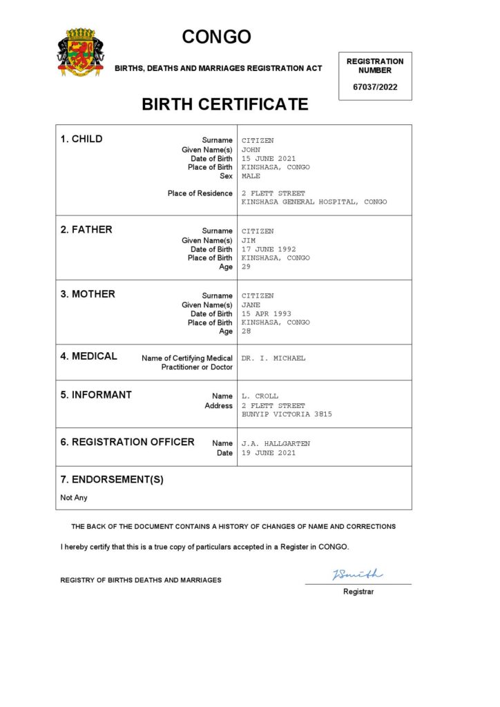 Congo vital record birth certificate Word and PDF template, completely editable