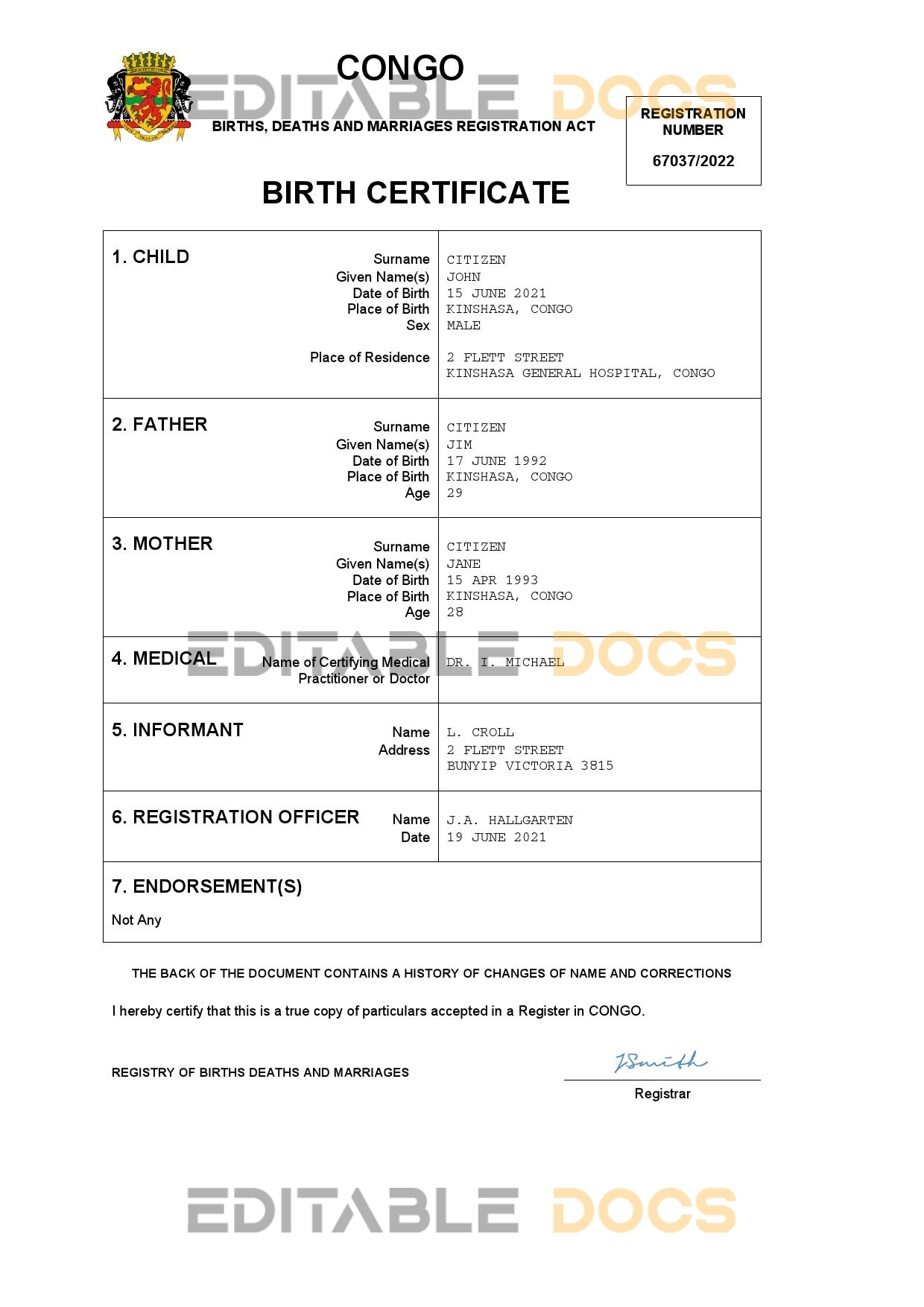 Authentic Congo Birth Certificate Template | Customize and Download Online