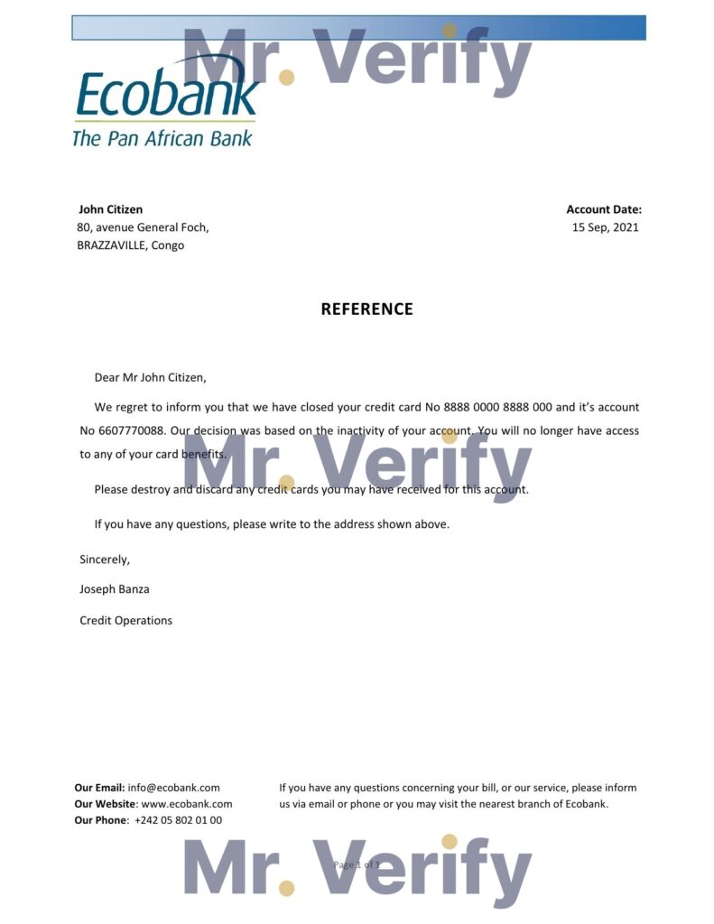 Download Congo Ecobank Bank Reference Letter Templates | Editable Word