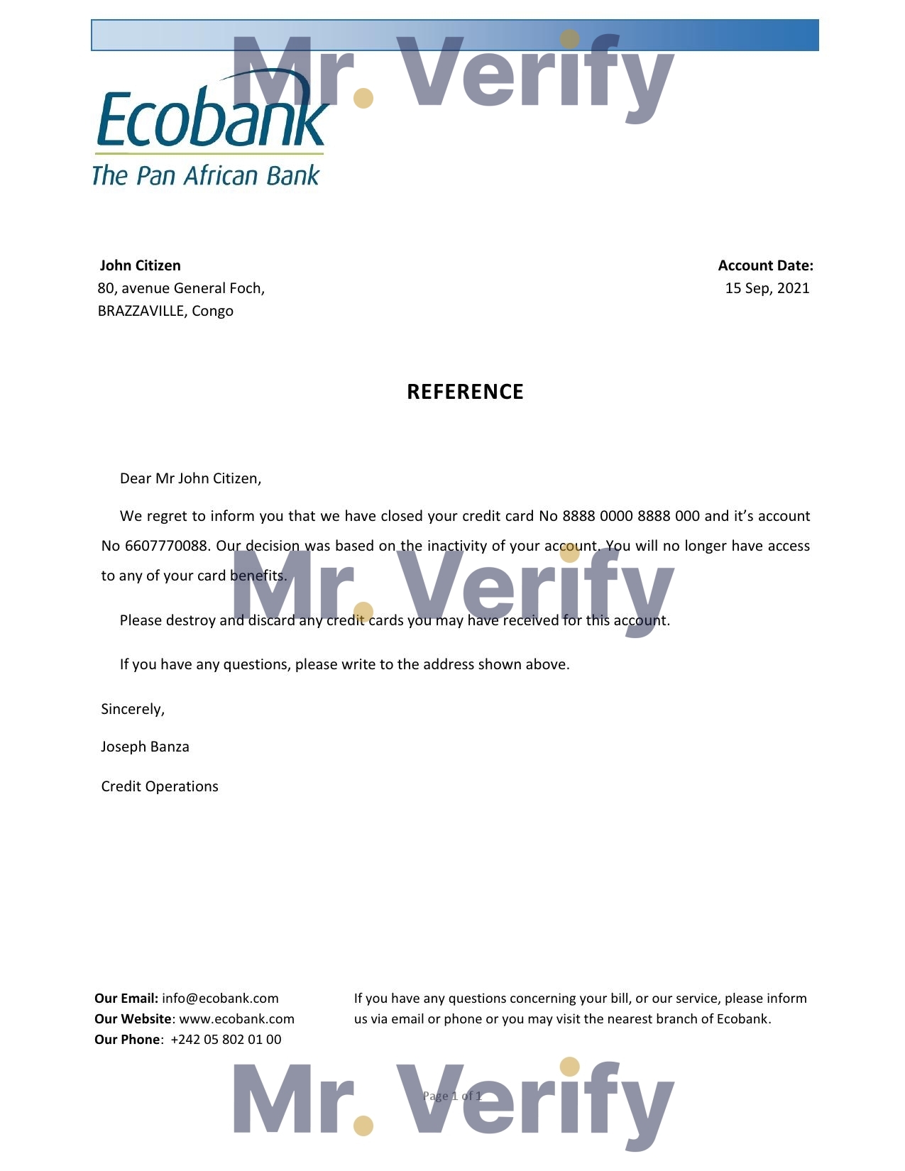 Download Congo Ecobank Bank Reference Letter Templates | Editable Word