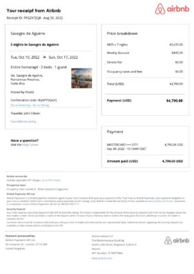 Customizable Costa Rica Airbnb Reservation Template | Word & PDF Formats