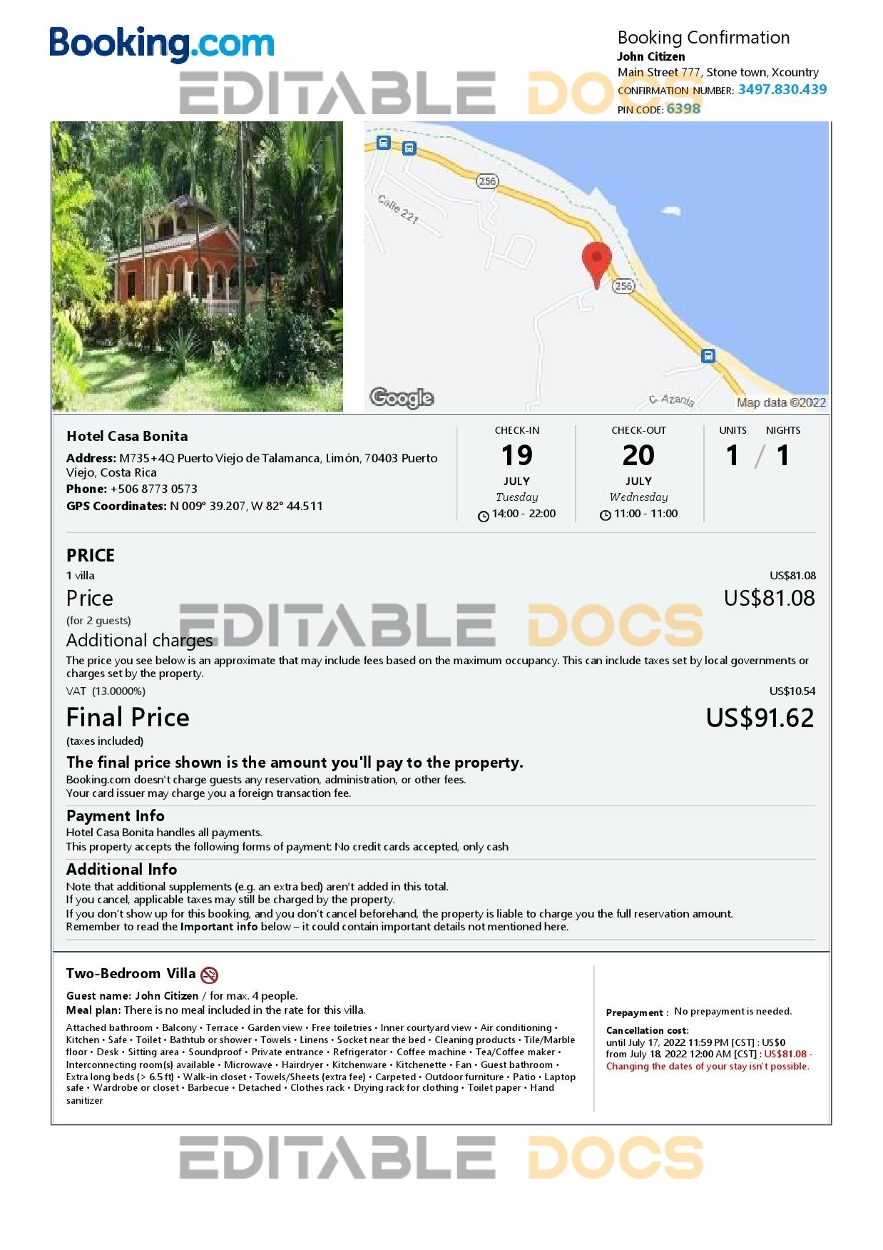 Editable Costa Rica Hotel Booking Form Template | Fillable PDF