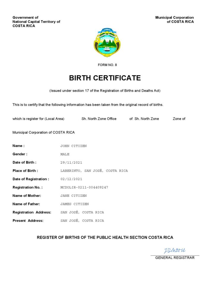 Costa Rica birth certificate Word and PDF template, completely editable