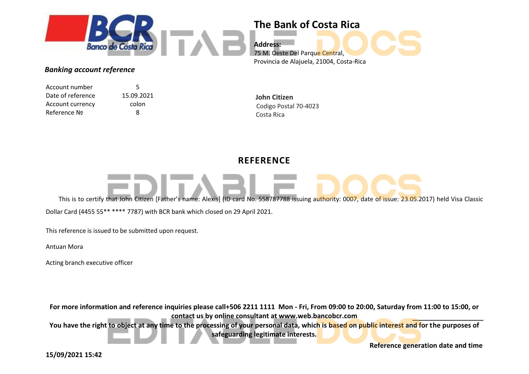 Download Costa Rica Bank Reference Letter Templates | Editable Word