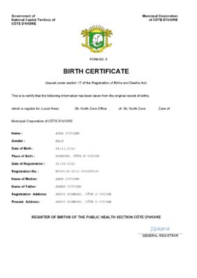 Cote d’Ivoire vital record birth certificate Word and PDF template, completely editable