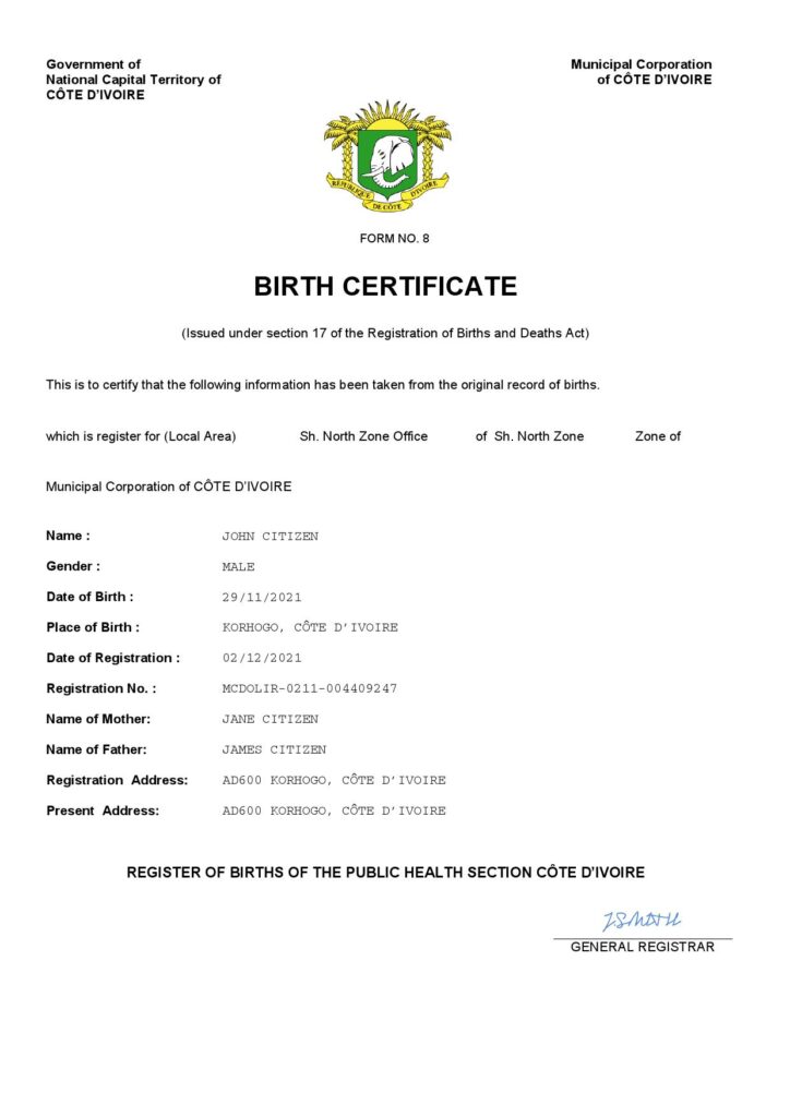 Cote d’Ivoire vital record birth certificate Word and PDF template, completely editable