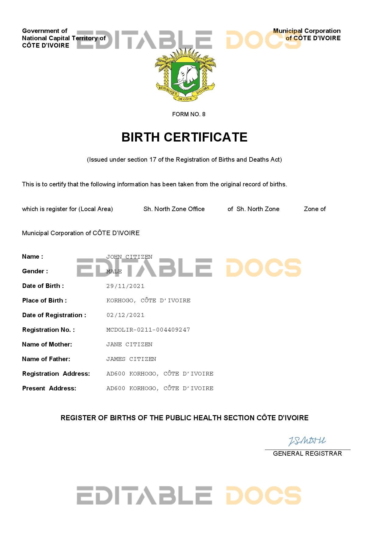 Authentic Cote d’Ivoire Birth Certificate Template | Customize and Download Online