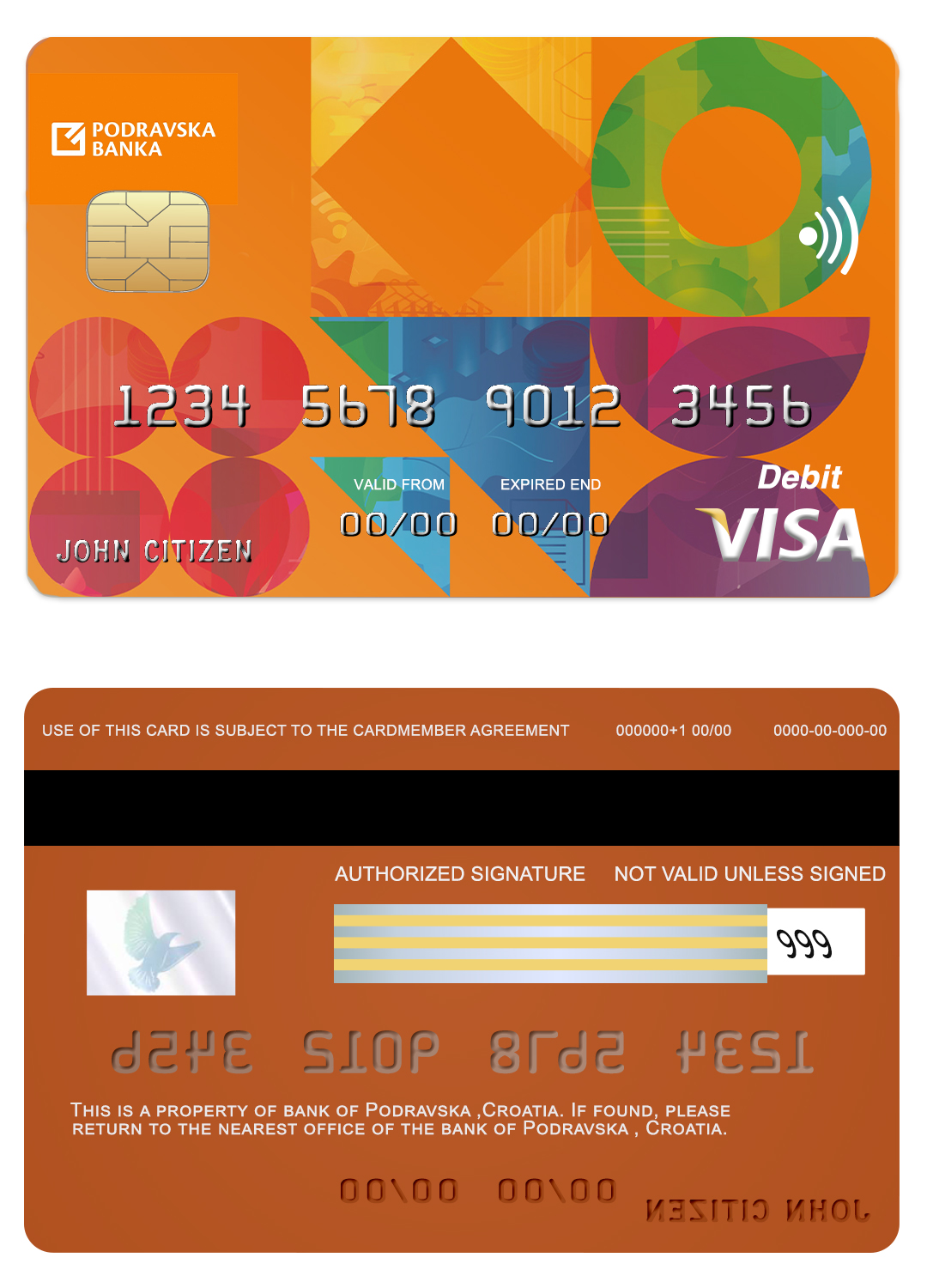 Editable Croatia Podravska bank visa credit card Templates in PSD Format