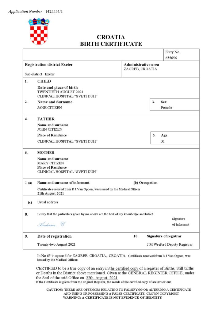 Croatia birth certificate Word and PDF template, completely editable