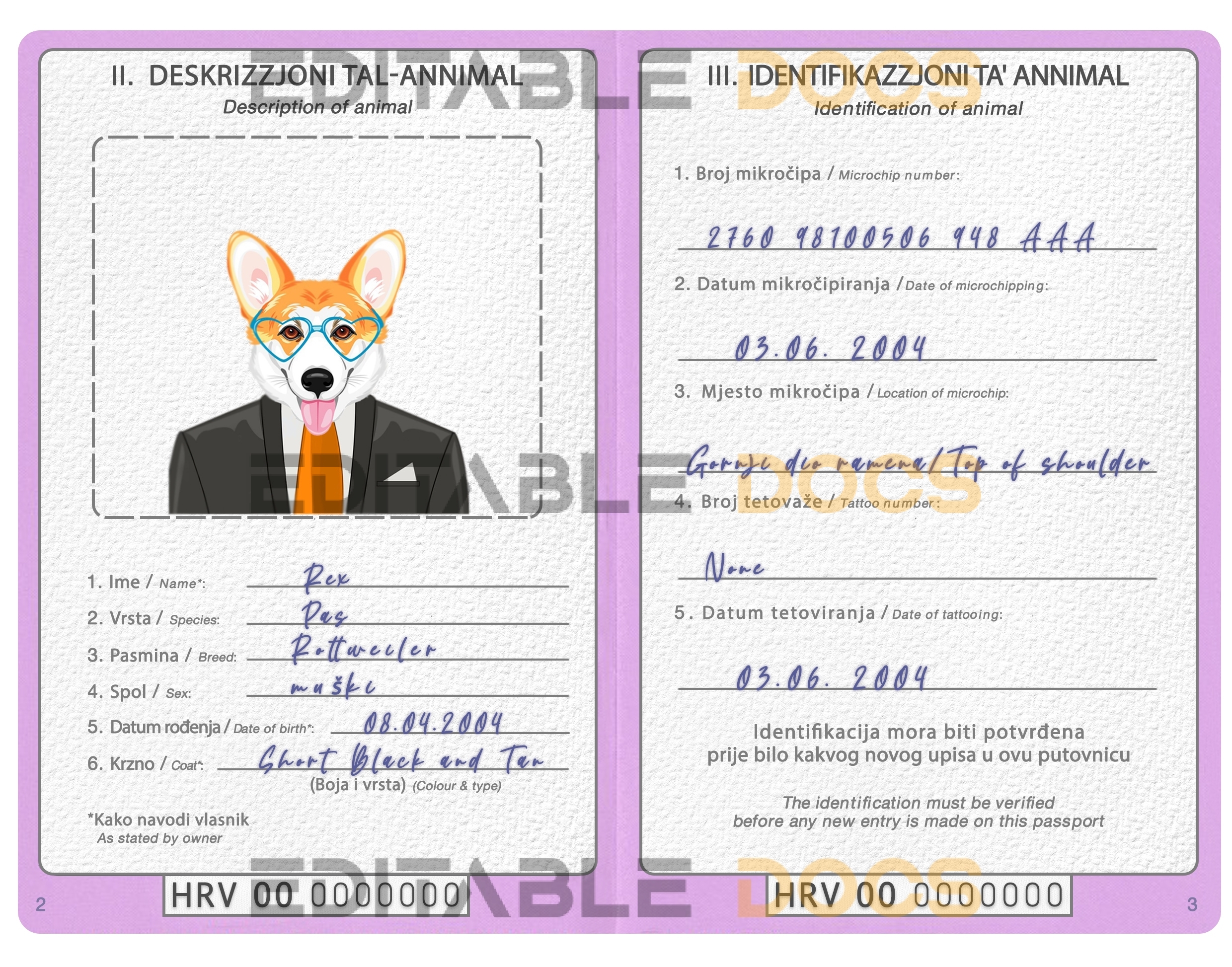 Croatia dog Fake PSD Passport | Instant Download