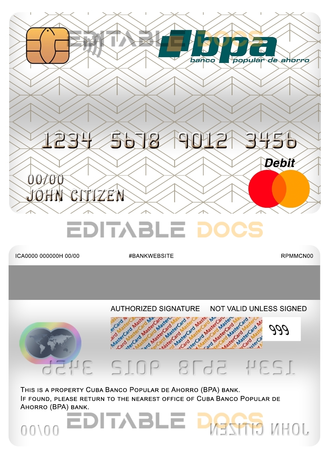 Fillable Cuba Banco Popular de Ahorro (BPA) bank mastercard debit card Templates | Layer-Based PSD